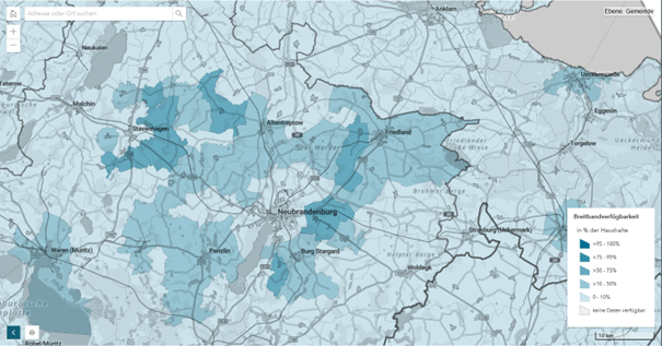 Aktueller Ausbaustand rund um Neubrandenburg in der Kategorie 'Verfügbarkeit' für die private Festnetznutzung Breitbandklassen ≥1000 MBit/s und die Technologie FTTH. Quelle: Bundesnetzagentur